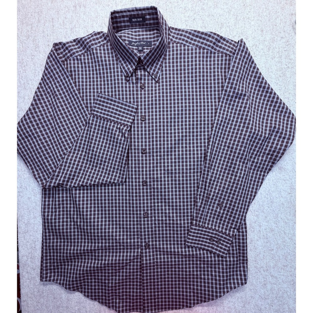 Joseph & Feiss Button Down Mens Large Brown Blue Plaid Non-Iron Cotton Shirt